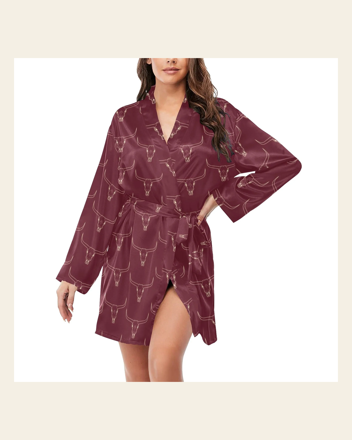 Baha Ranch Burgandy Longhorn Women's Belted Satin Feel Dressing Lounge Robe on a warm cream background