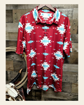 Baha Ranch Burgundy Aztec Men's Western Polo Shirt on a warm cream background