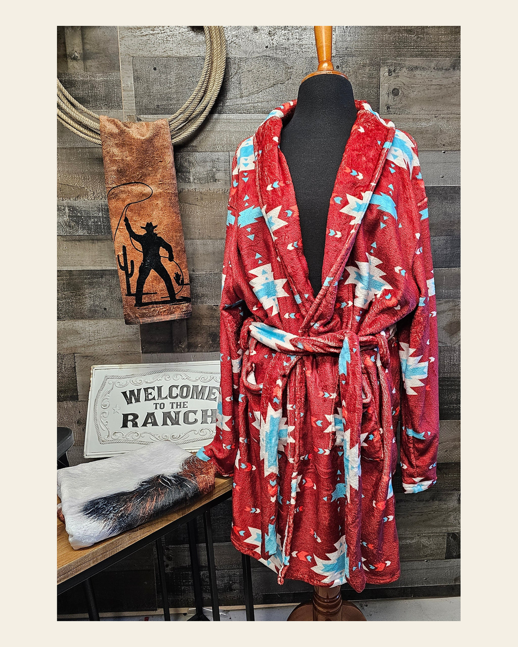 Baha Ranch Burgundy Aztec Women's Western Bath Robe on a warm cream background