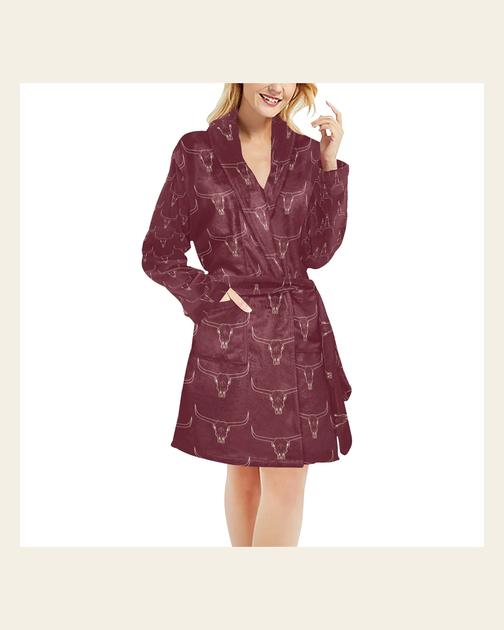 Baha Ranch Burgundy Longhorn Women's Western Bath Robe on a warm cream background