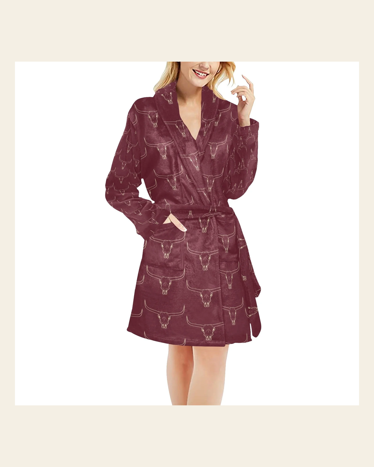 Baha Ranch Burgundy Longhorn Women's Western Bath Robe on a warm cream background