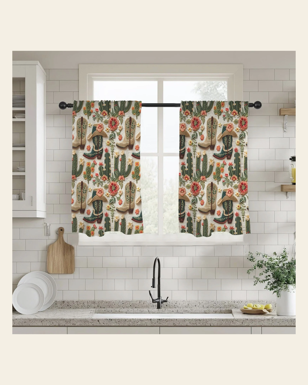 Baha Ranch Cactus and Boots Curtains 28"x40" (2-Piece) Made in America on a warm cream background