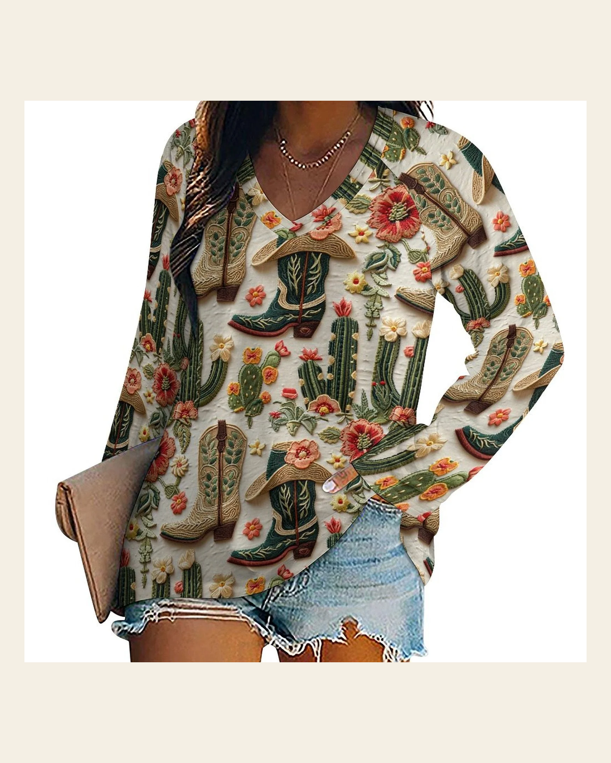Baha Ranch Cactus and Boots Long Sleeve Top on a warm cream background