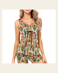 Baha Ranch Cactus and Boots Tankini Boy Shorts Swim Set on a warm cream background