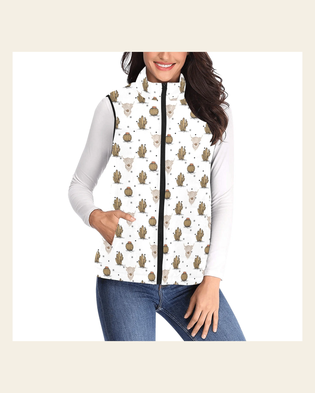 Baha Ranch Cactus and Highland Cow Puffy Vest on a warm cream background