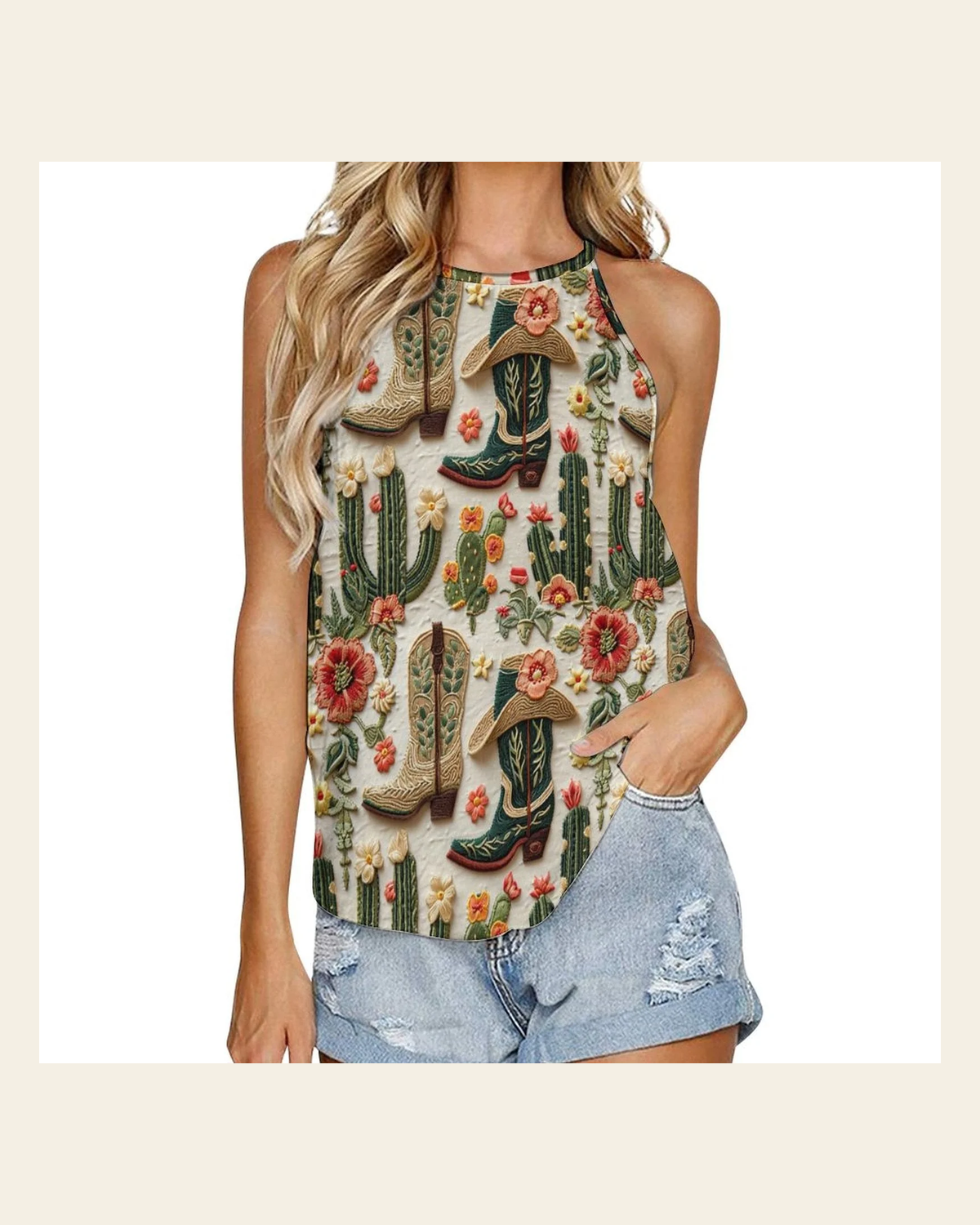 Baha Ranch Cactus Boots Tank Top on a warm cream background