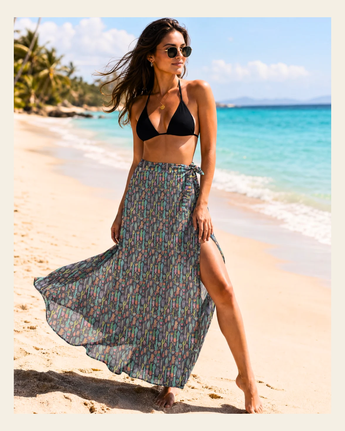 Baha Ranch Cactus Crazy Beach Coverup Skirt on a warm cream background