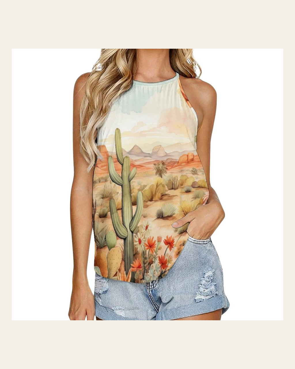 Baha Ranch Cactus Desert Women's Tank Top on a warm cream background
