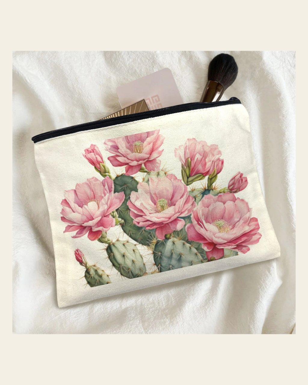 Baha Ranch Cactus Flower Cosmetic Bag Pack of 5 Made in America on a warm cream background