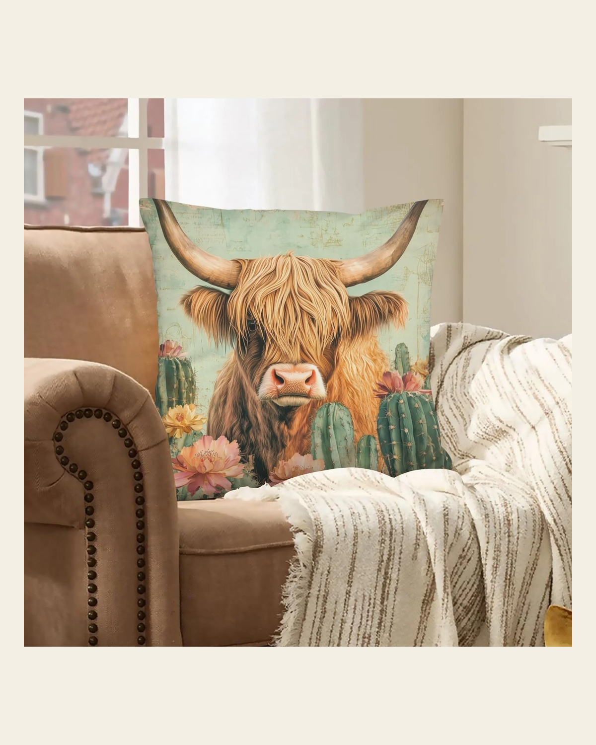 Baha Ranch Cactus Highland Velvety Soft Throw Pillow Cover Made in America on a warm cream background