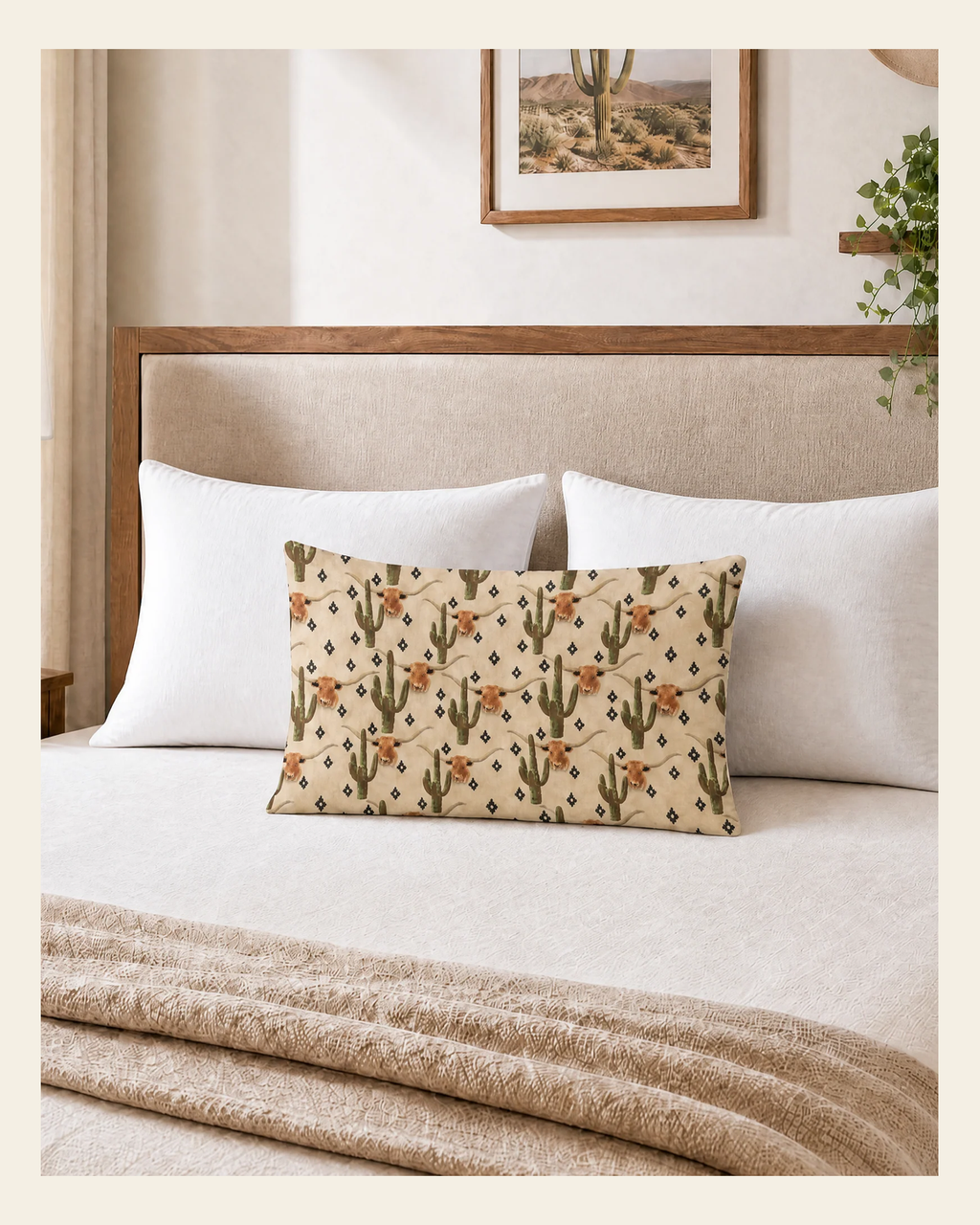 Baha Ranch Cactus Longhorn Pillow Case Made in America on a warm cream background