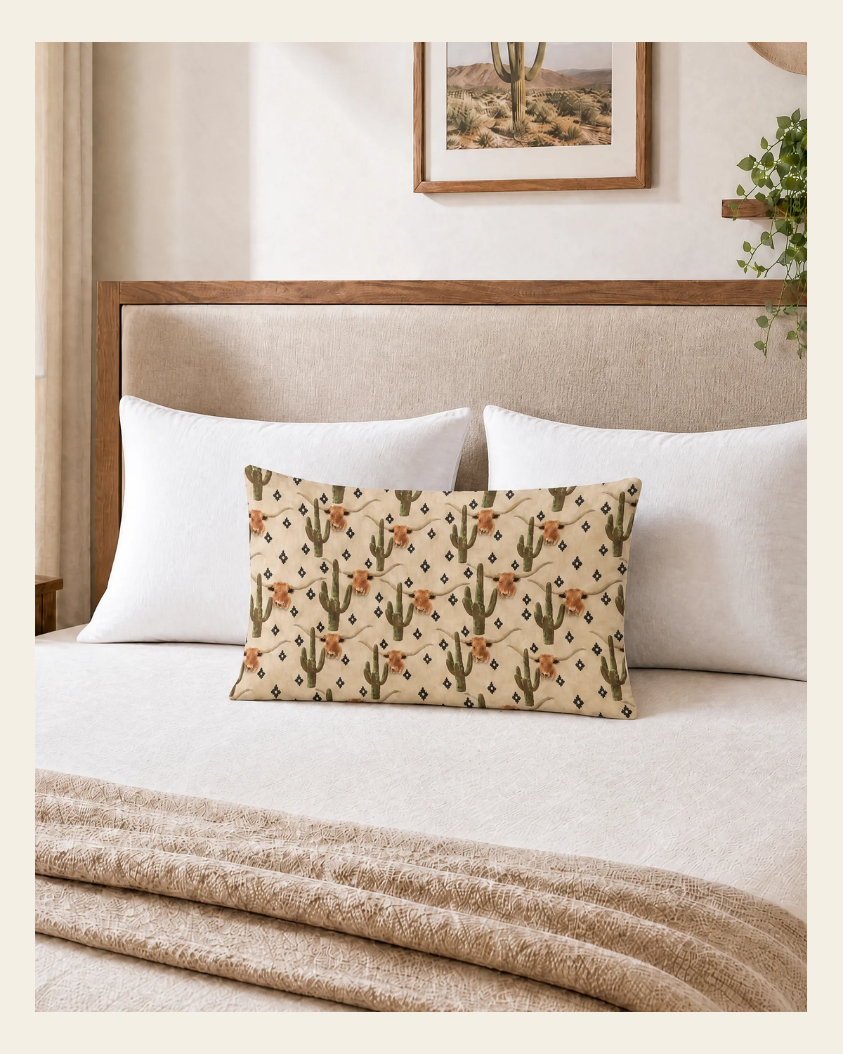 Baha Ranch Cactus Longhorn Pillow Case Made in America on a warm cream background