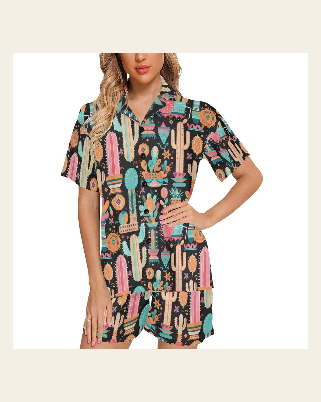 Baha Ranch Cactus Obsessed Women's Western Pajama Set on a warm cream background