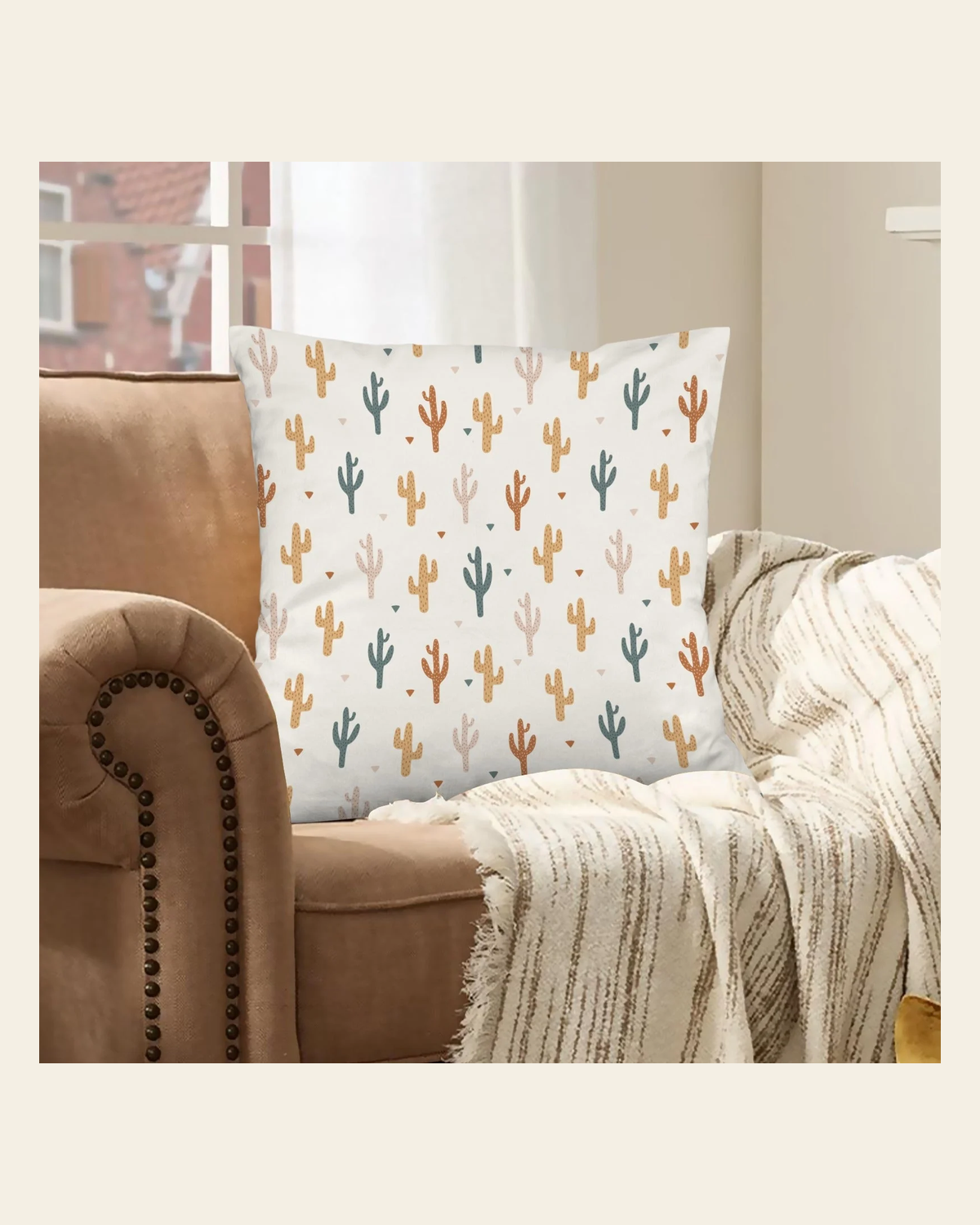 Baha Ranch Cactus Velvety Soft Throw Pillow Case Made in America on a warm cream background