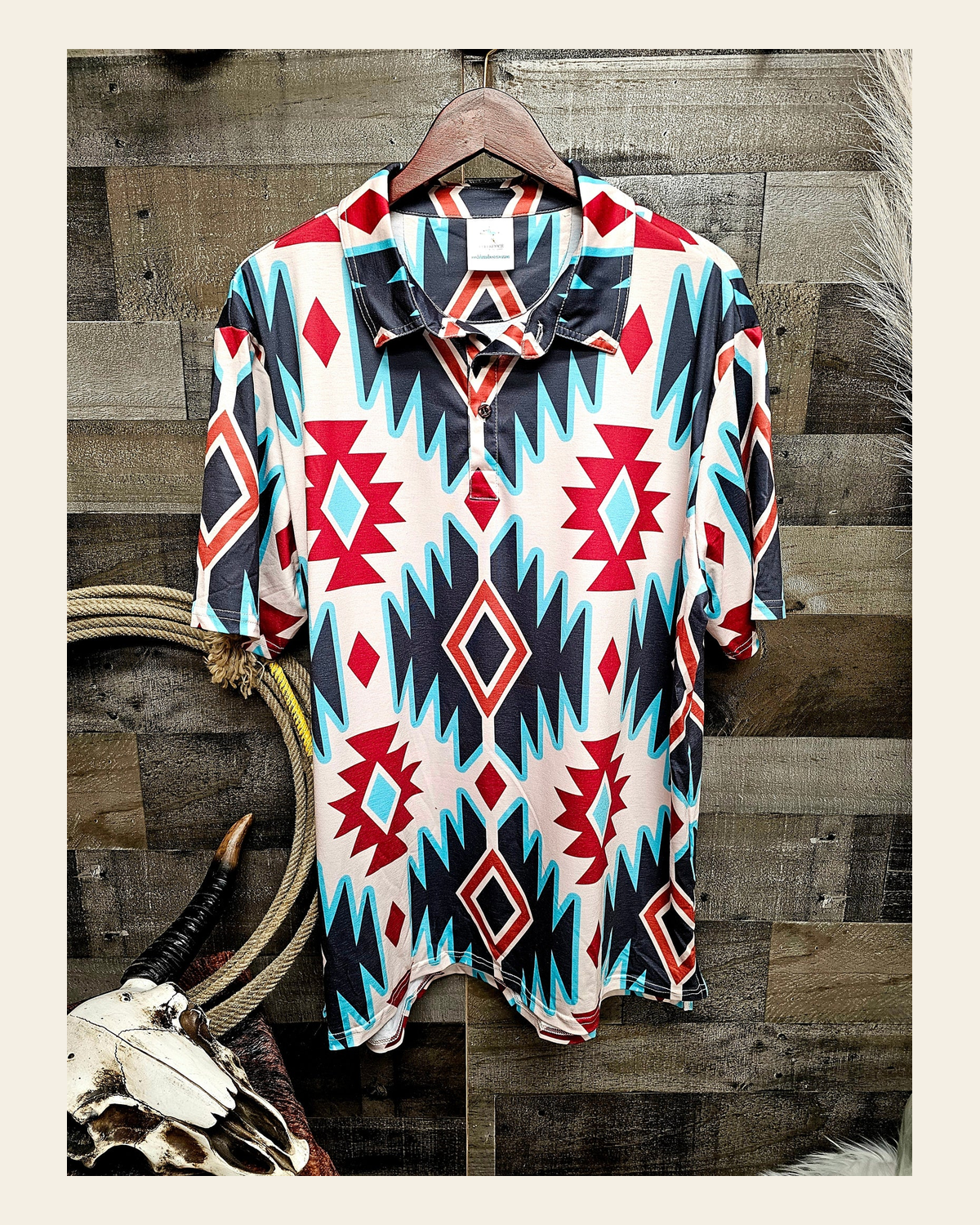 Baha Ranch California Aztec Men's Western Polo Shirt on a warm cream background