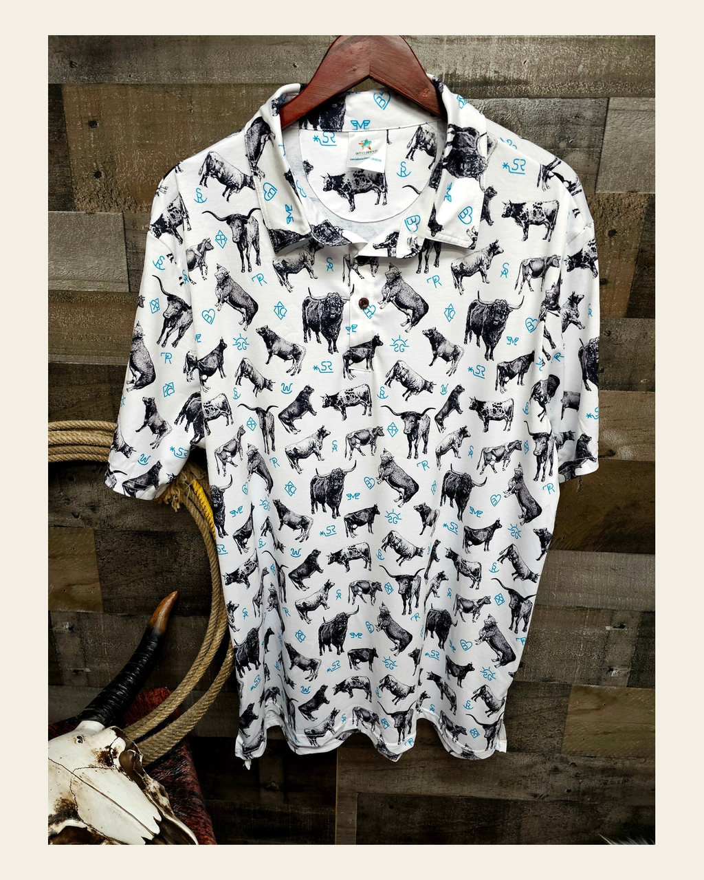 Baha Ranch Cattle and Brands Men's Western Polo Shirt on a warm cream background