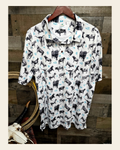 Baha Ranch Cattle and Brands Men's Western Polo Shirt on a warm cream background