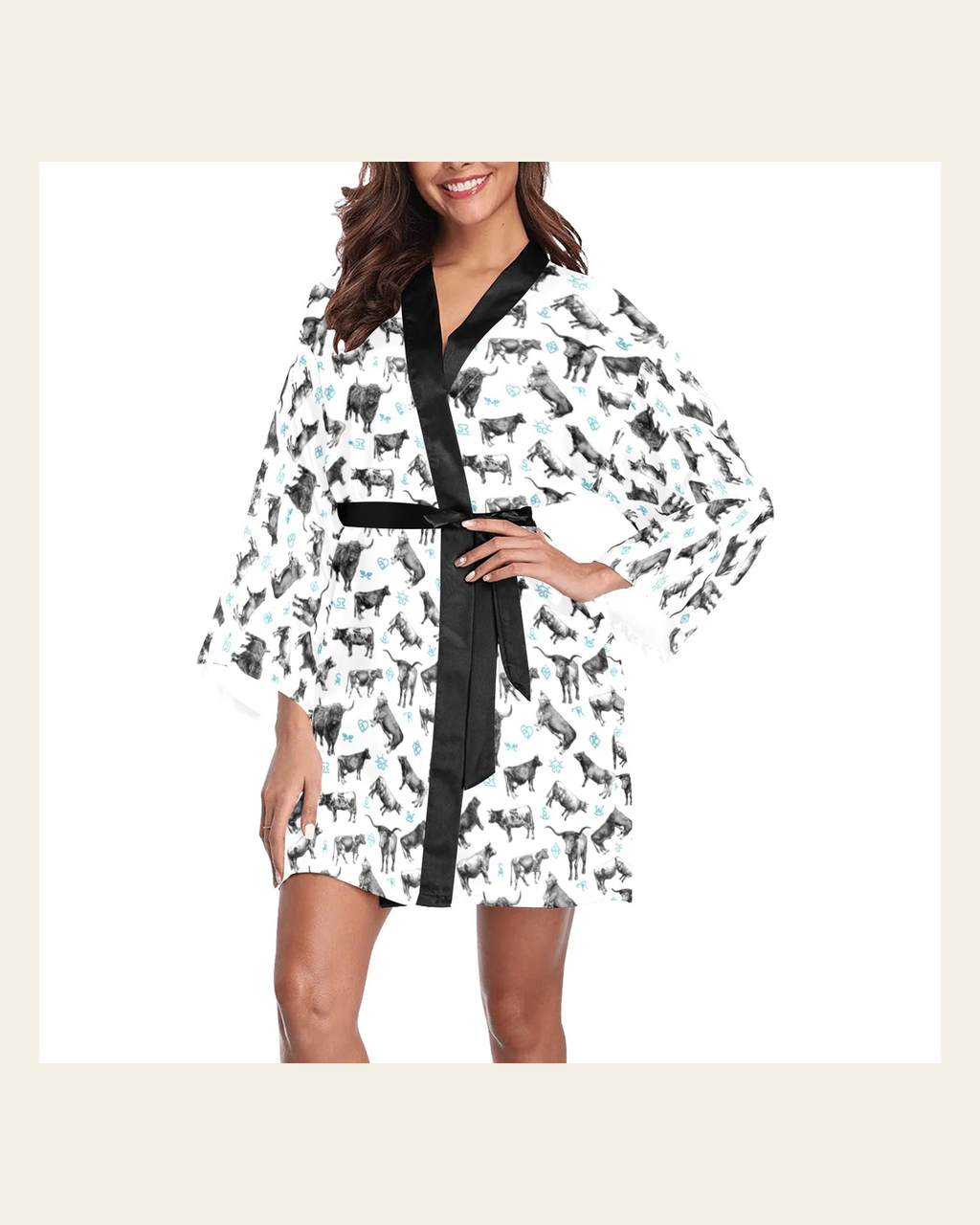 Baha Ranch Cattle and Brands Women's Lounge Kimono Robe on a warm cream background