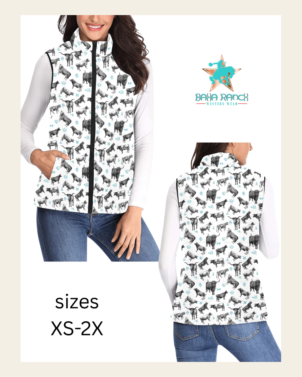 Baha Ranch Cattle and Brands Women's Western Puffy Vest on a warm cream background