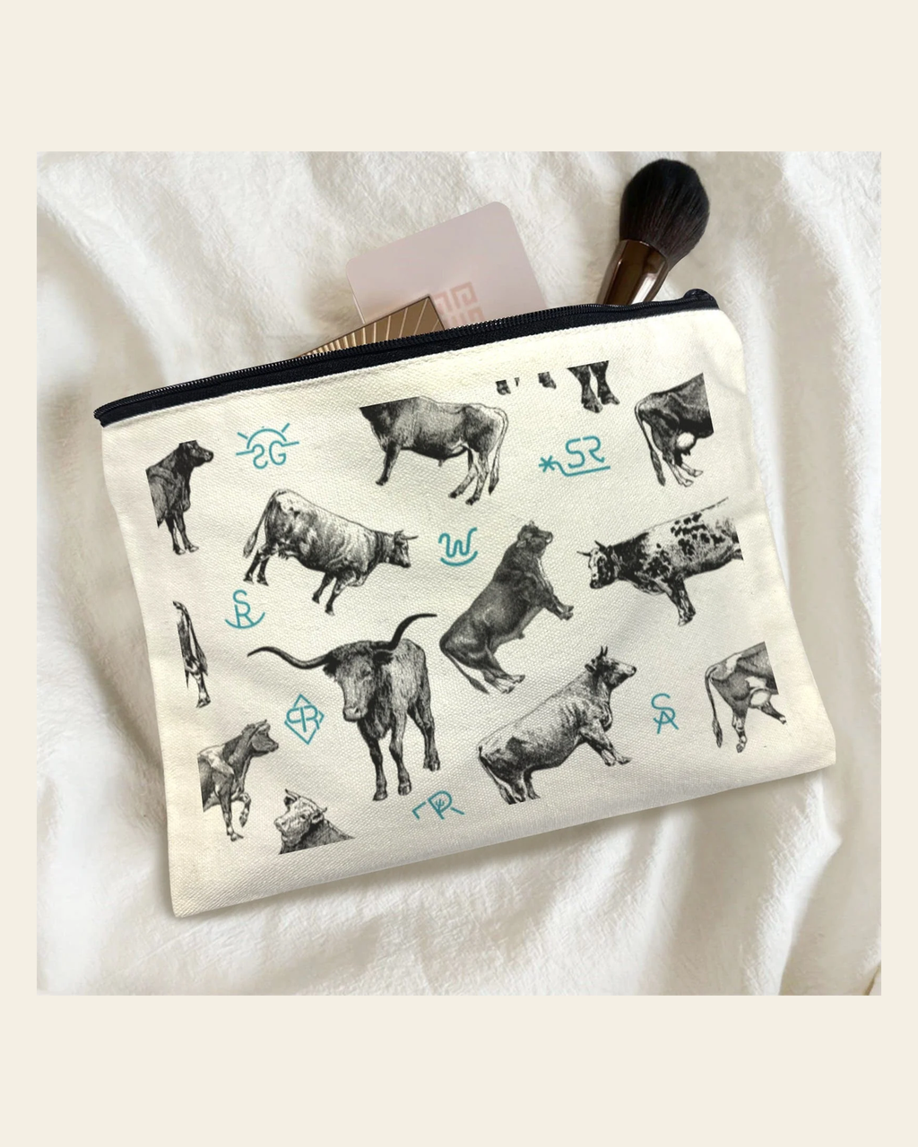 Baha Ranch Cattle Brands Cosmetic Bag Pack of 5 Made in America on a warm cream background