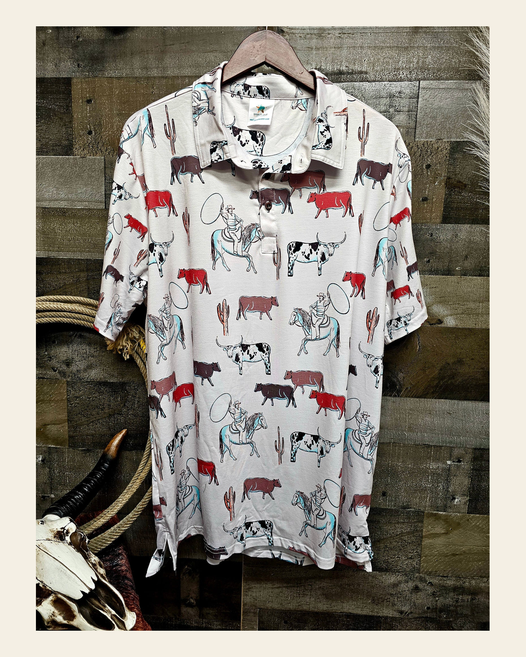 Baha Ranch Cattle Drive Men's Western Polo Shirt on a warm cream background