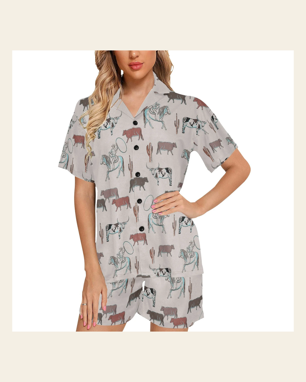 Baha Ranch Cattle Drive Women's Western Pajama Set on a warm cream background