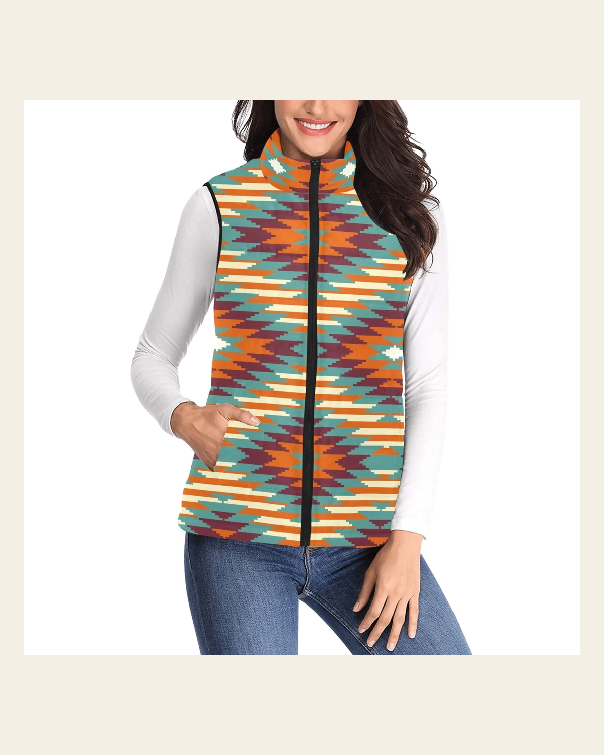 Baha Ranch Chama Valley Aztec Puffy Vest on a warm cream background