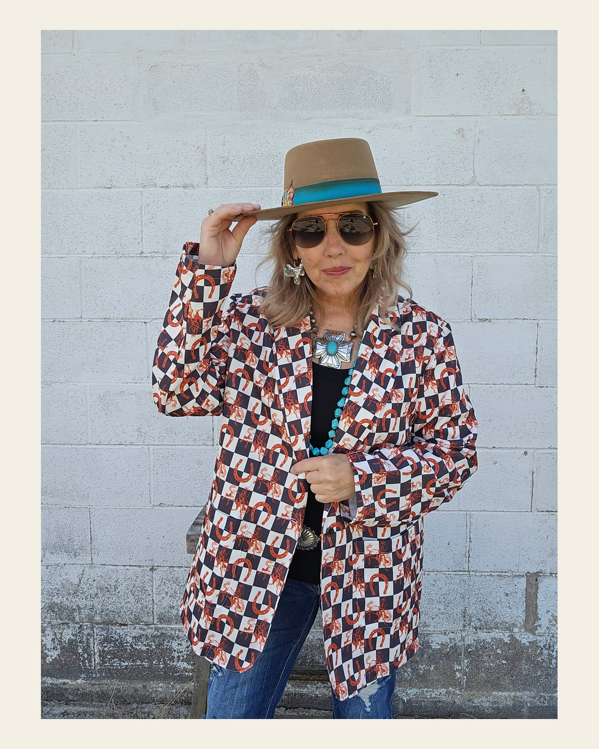 Baha Ranch Checkered Rodeo Women's Western Blazer on a warm cream background