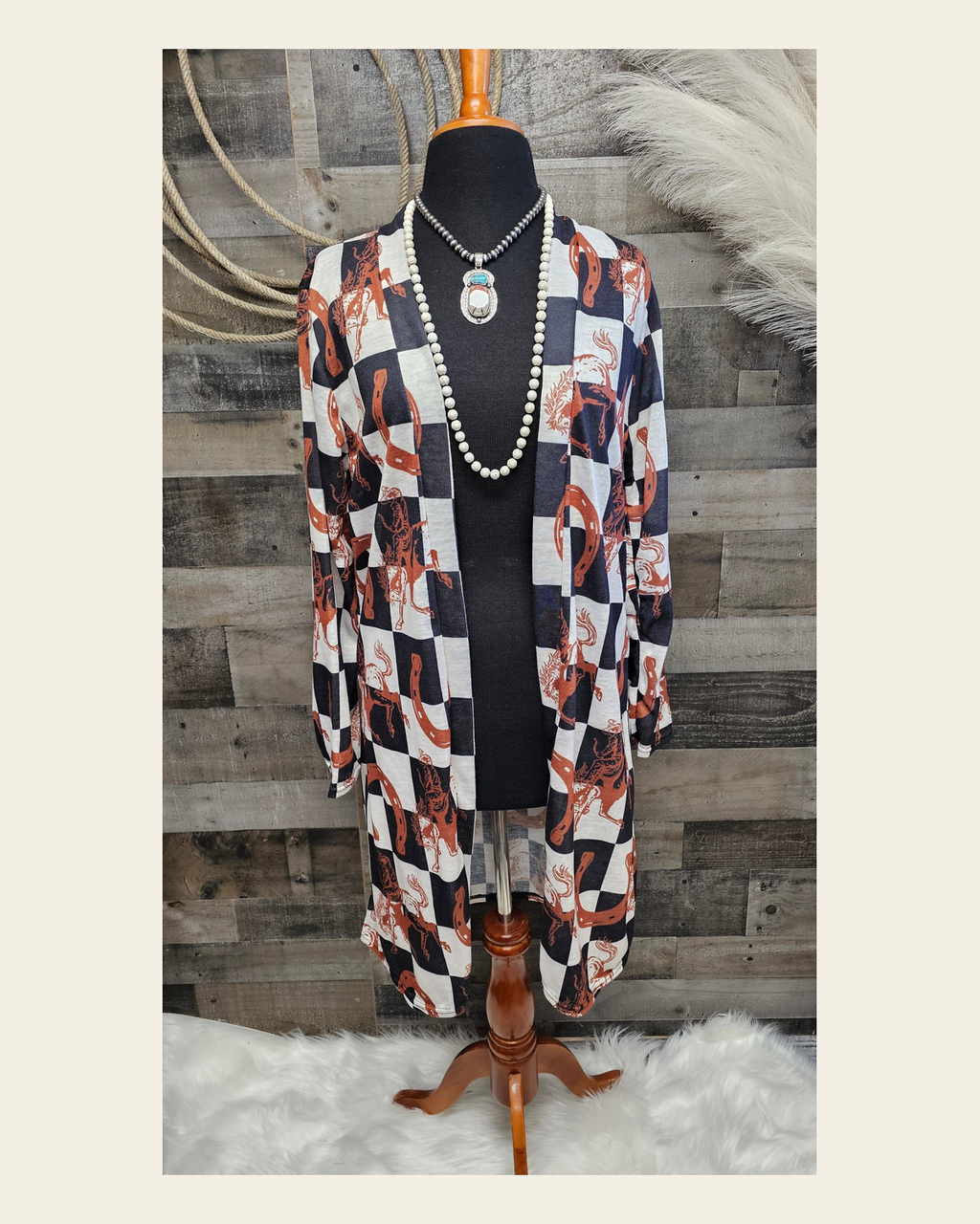 Baha Ranch Checkered Western Lightweight Cardigan on a warm cream background