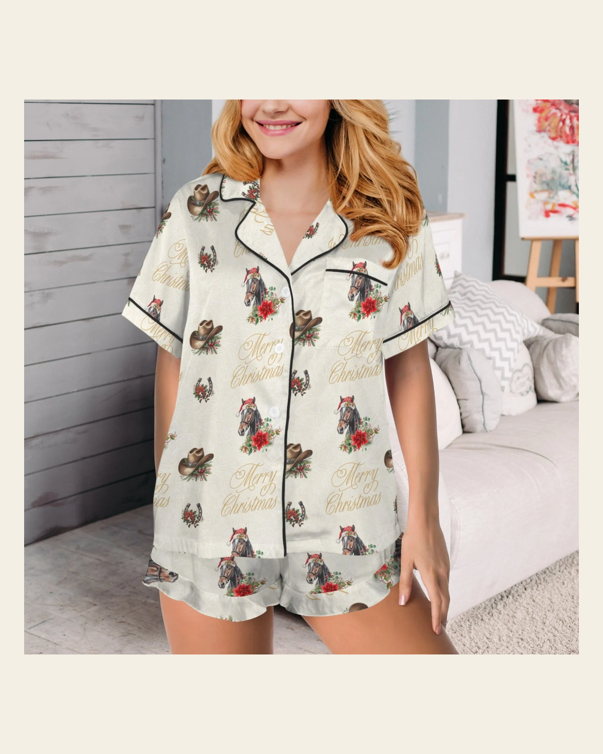 Baha Ranch Christmas Horses Cowgirl Western Satin Short Pajama Set on a warm cream background