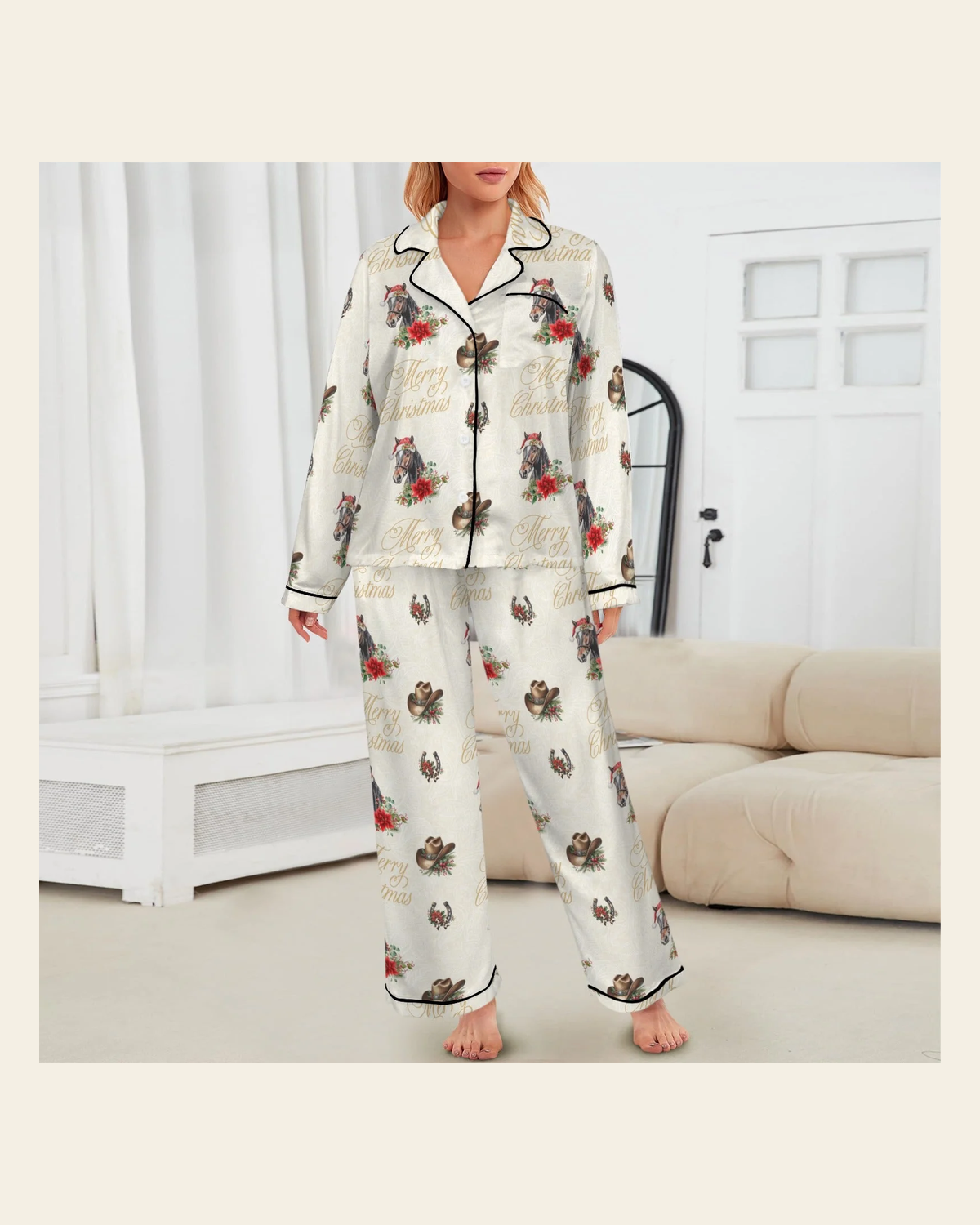 Baha Ranch Christmas Horses Satin Western Pajamas on a warm cream background