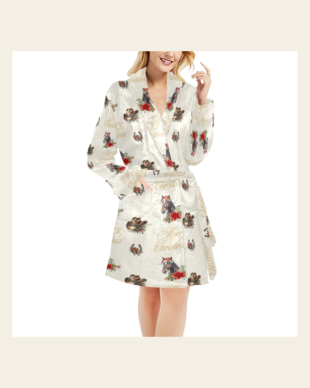 Baha Ranch Christmas Horses Western Fleece Bathrobe on a warm cream background