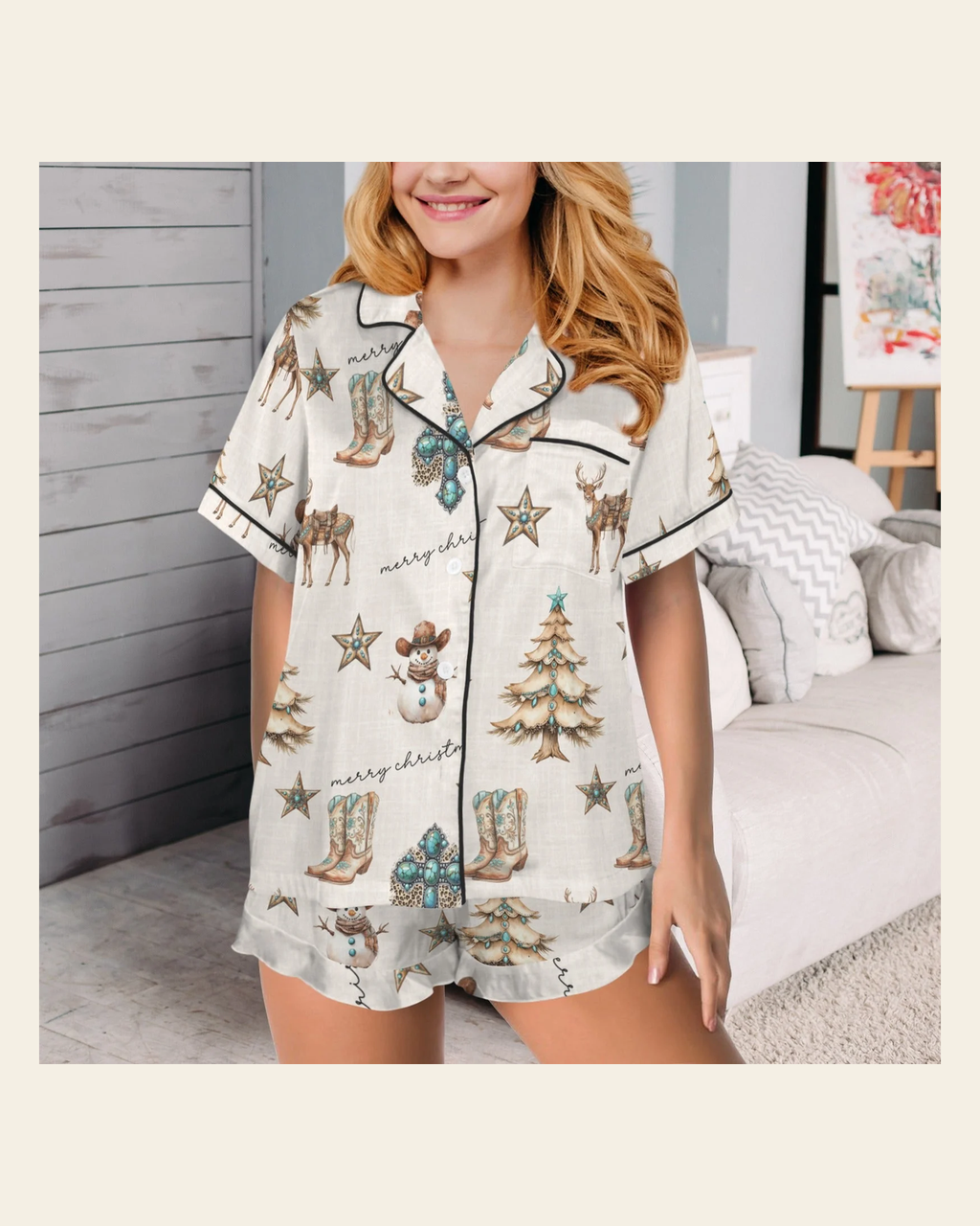 Baha Ranch Christmas Spirit Cowgirl Western Cowboy Satin Short Pajama Sets on a warm cream background