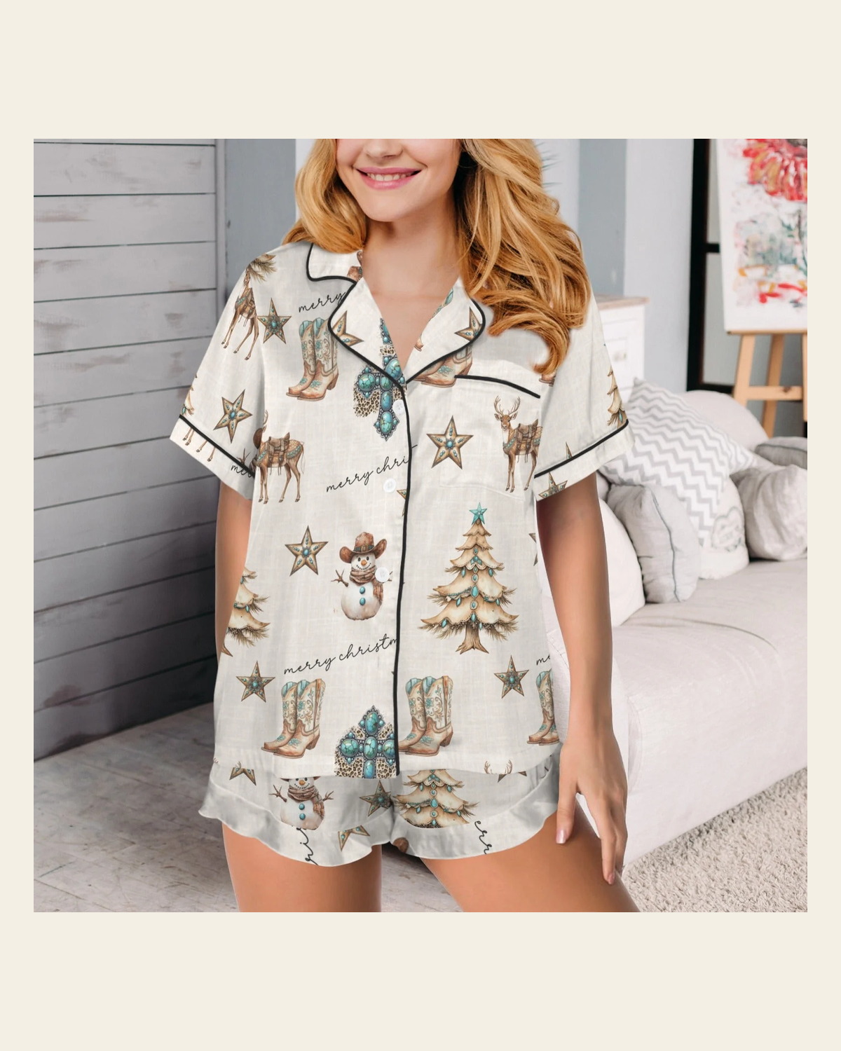 Baha Ranch Christmas Spirit Cowgirl Western Cowboy Satin Short Pajama Sets on a warm cream background