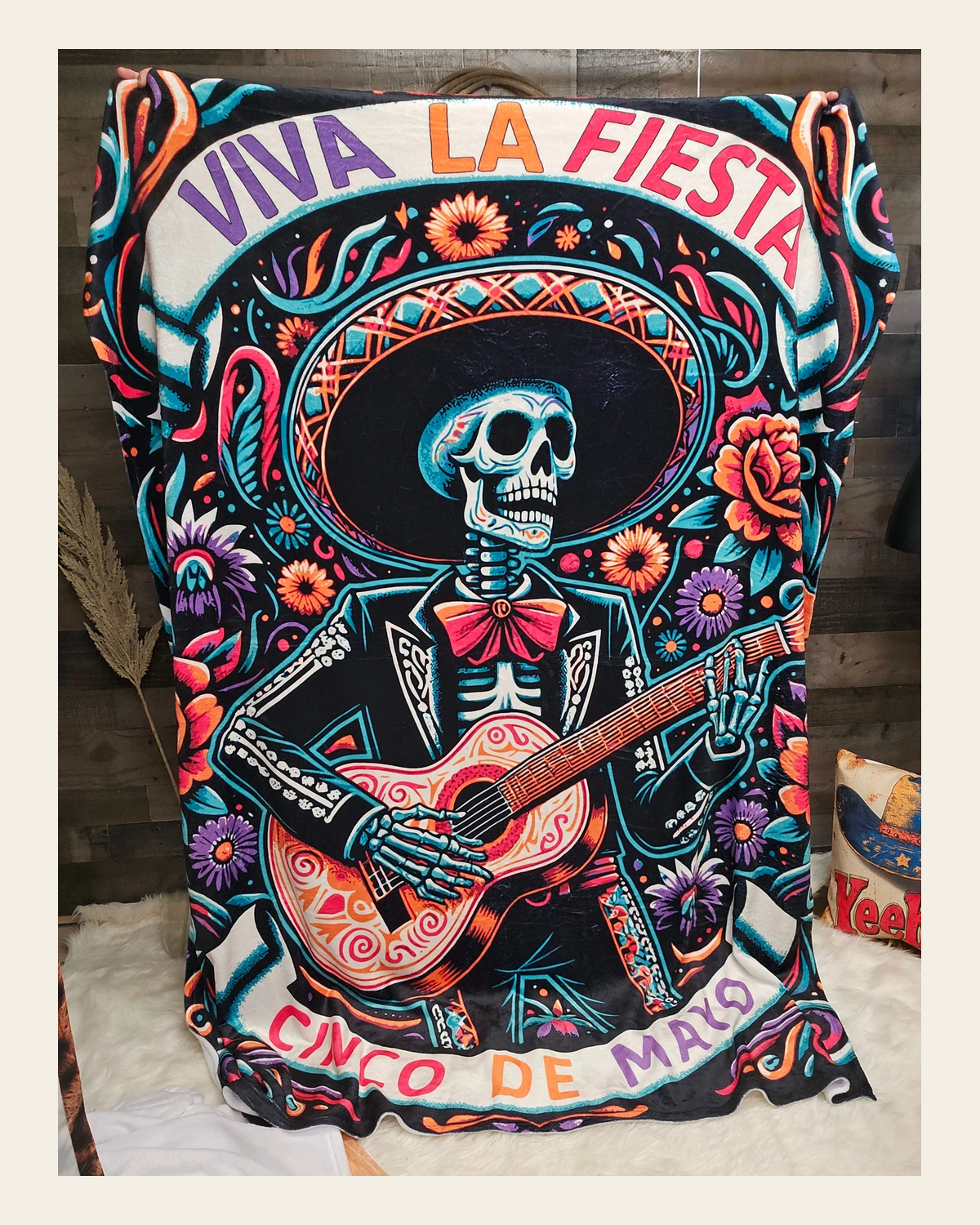 Baha Ranch Cinco De Mayo Dia de los Muertes Throw Blanket Ultra-Soft Micro Fleece Blanket 60" x 80" Made in America on a warm cream background