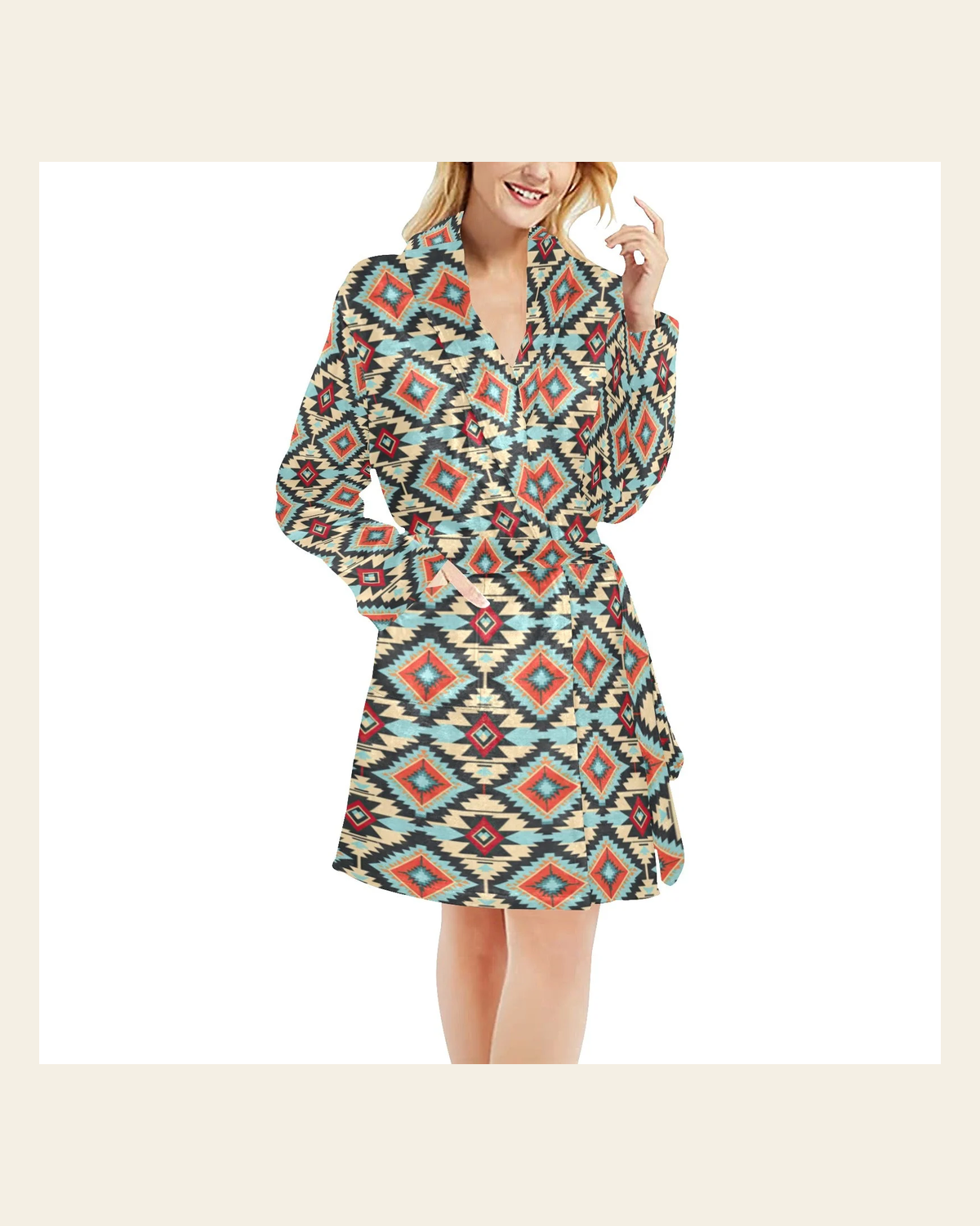 Baha Ranch Colorado Aztec Women's Bath Robe on a warm cream background
