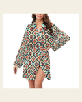 Baha Ranch Colorado Aztec Women's Belted Satin Feel Dressing Lounge Robe on a warm cream background