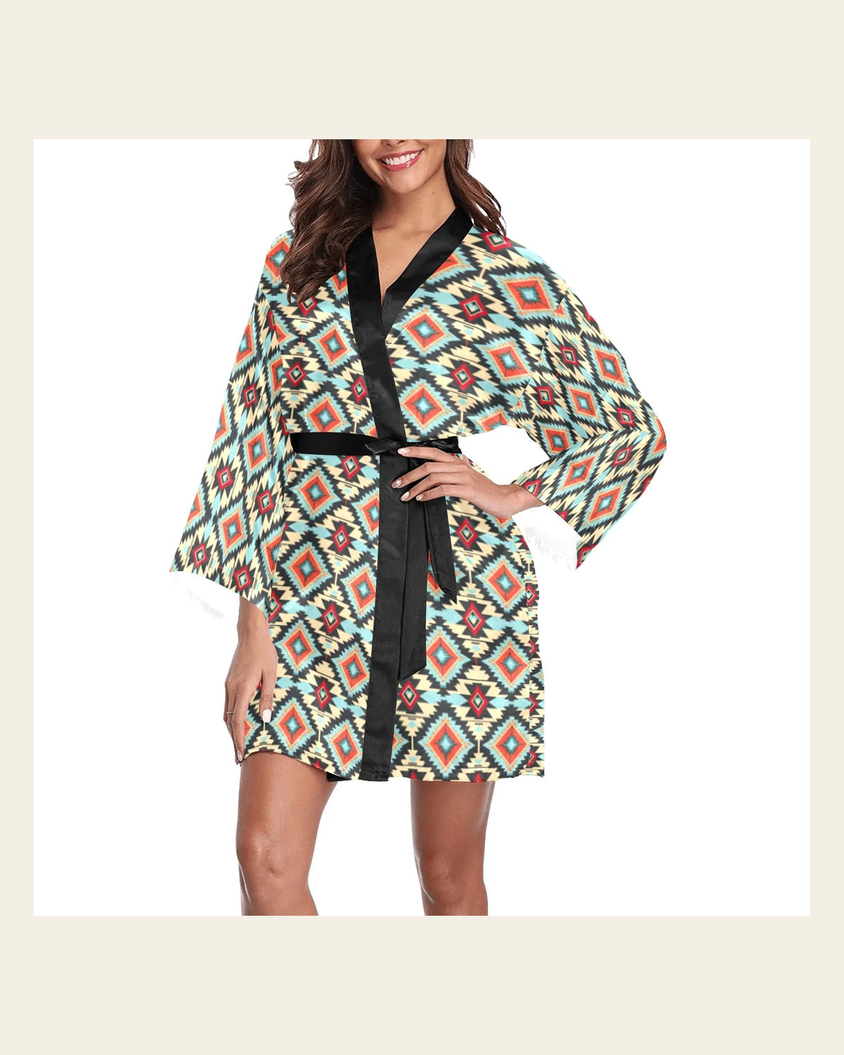 Baha Ranch Colorado Aztec Women's Lounge Kimono Robe on a warm cream background
