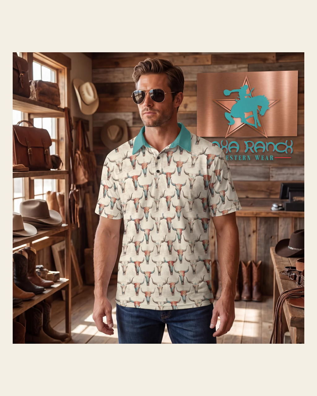 Baha Ranch Colored Skulls Men's Polo Style Shirt on a warm cream background