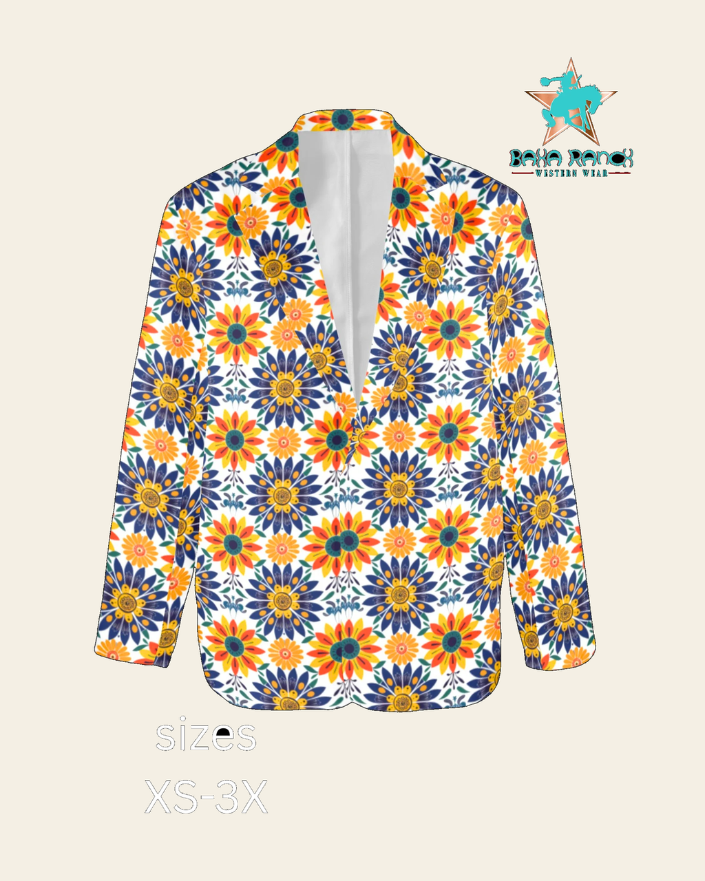 Baha Ranch Colores de Mexico Blue Yellow Mexican Floral Blazer on a warm cream background