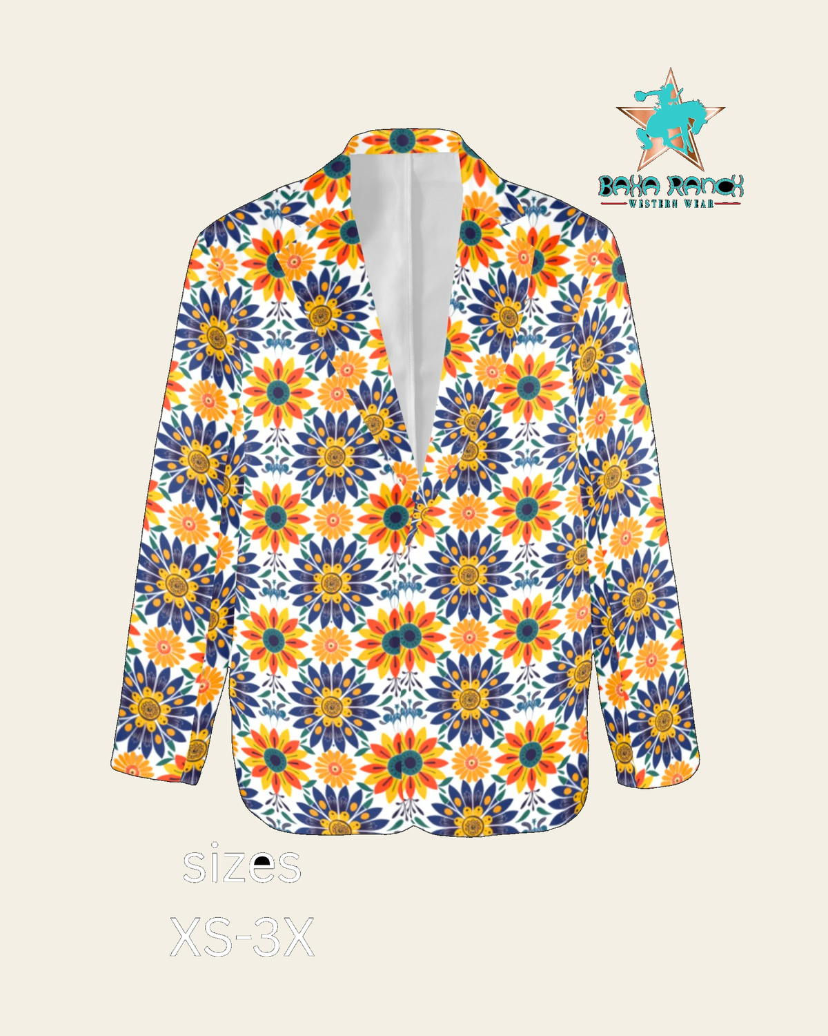 Baha Ranch Colores de Mexico Blue Yellow Mexican Floral Blazer on a warm cream background