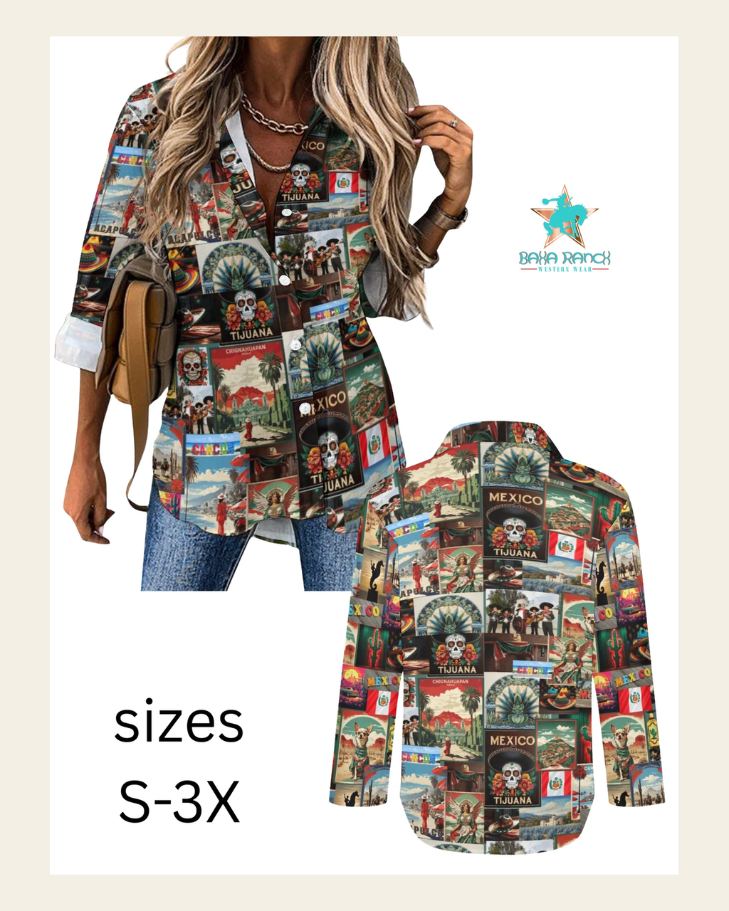 Baha Ranch Colores de Mexico Destination Mexico Button Up Shirt on a warm cream background