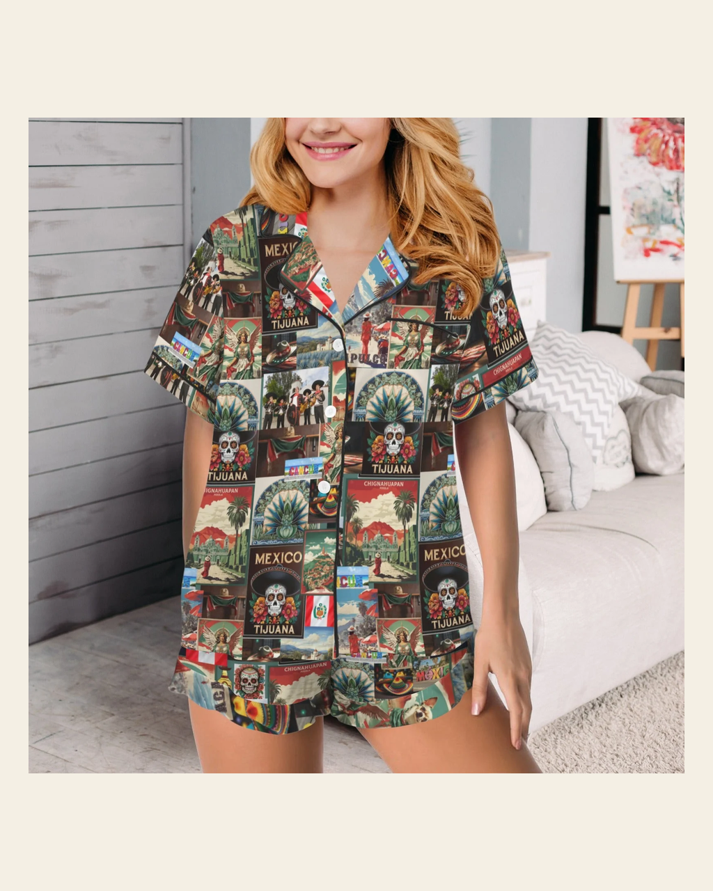 Baha Ranch Colores De Mexico Destination Mexico Collage Satin Pajamas on a warm cream background