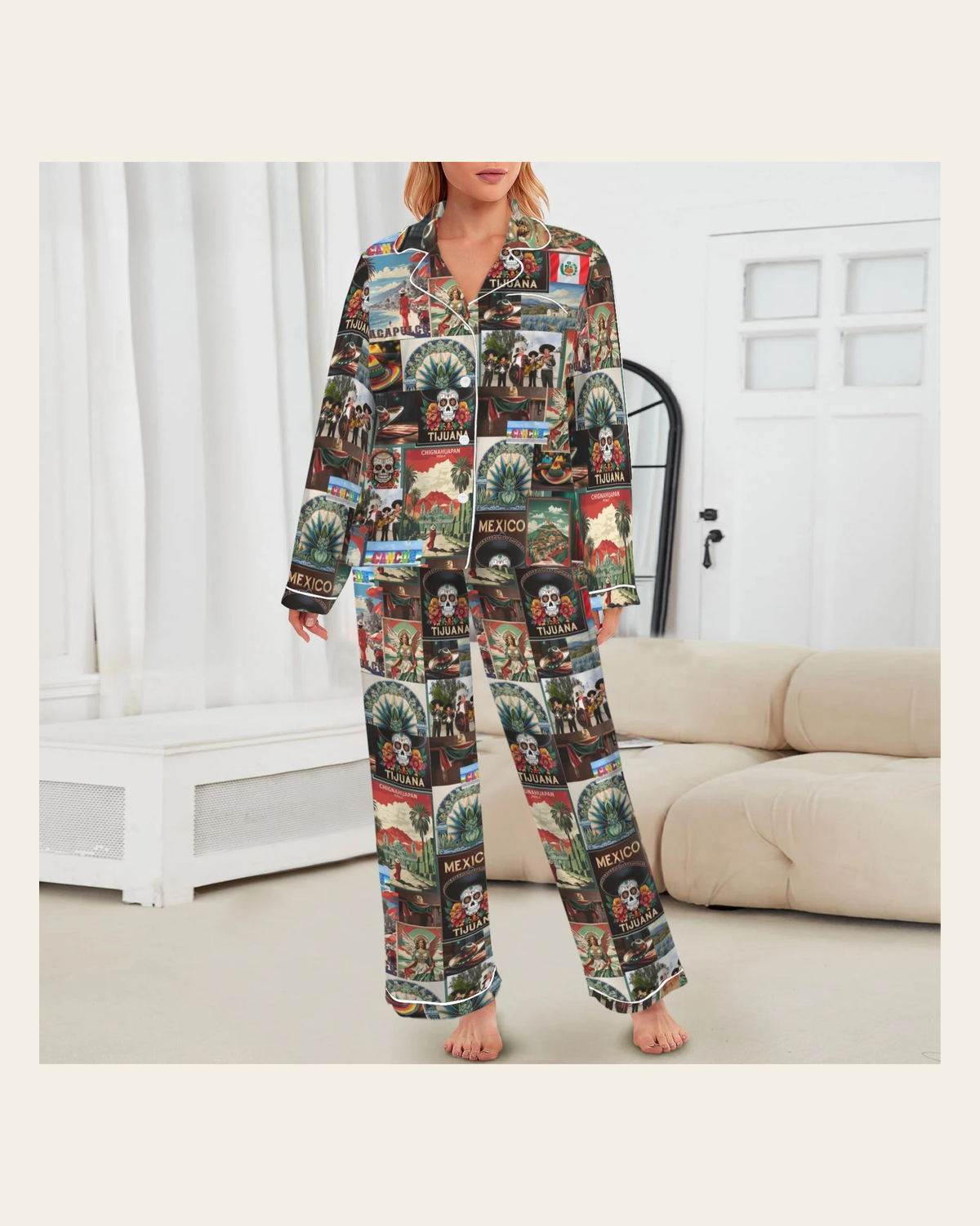 Baha Ranch Colores De Mexico Destination Mexico Satin Pajamas on a warm cream background