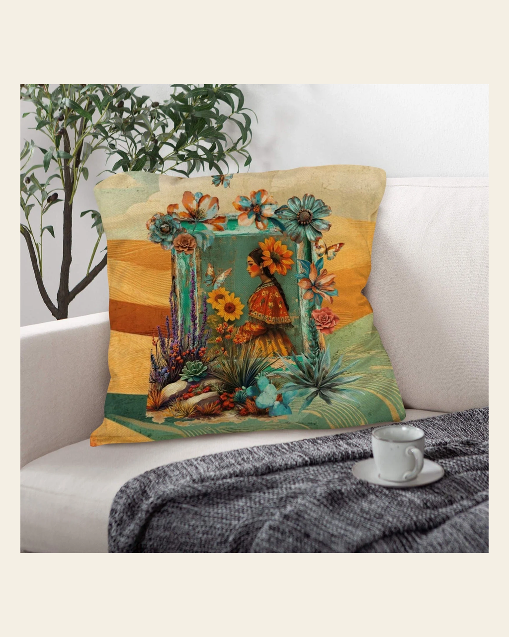 Baha Ranch Colores de Mexico Fantasia Throw Pillow Case 18x18inch Made In America on a warm cream background