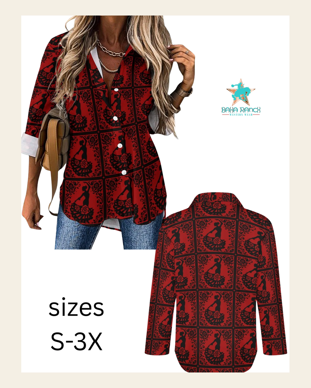 Baha Ranch Colores de Mexico Flamenco Dancer Button Up Shirt on a warm cream background