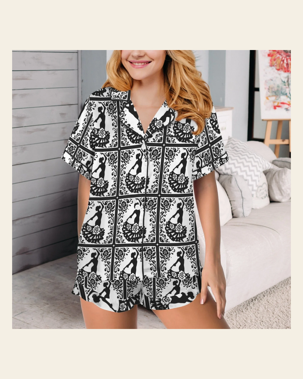 Baha Ranch Colores de Mexico Flamenco Southwestern Satin Pajamas on a warm cream background