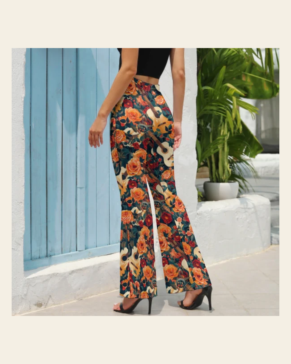 Baha Ranch Colores de Mexico Guitars and Roses Flare Pants on a warm cream background