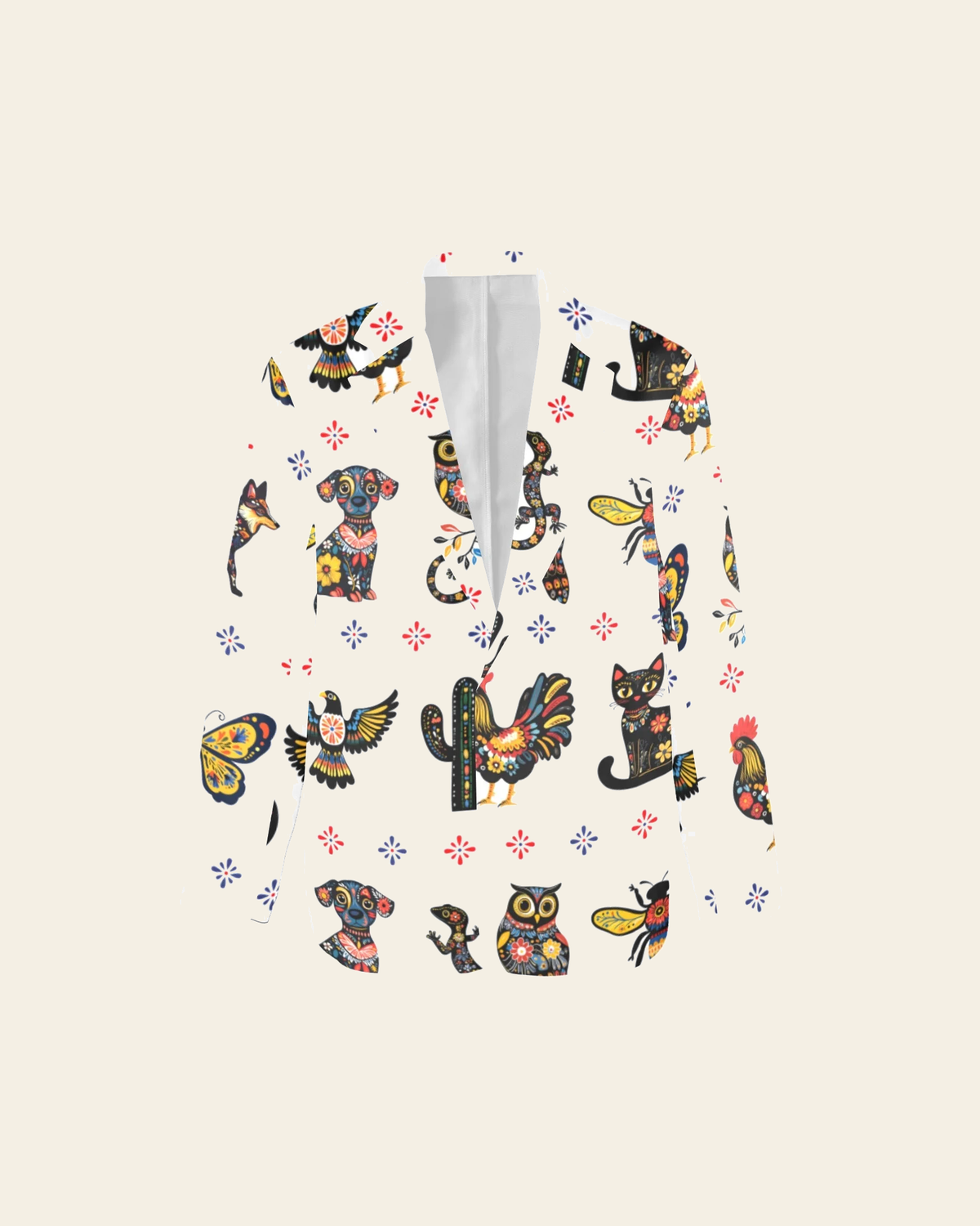 Baha Ranch Colores de Mexico Mexican Talavera Floral Animals Blazer in White on a warm cream background
