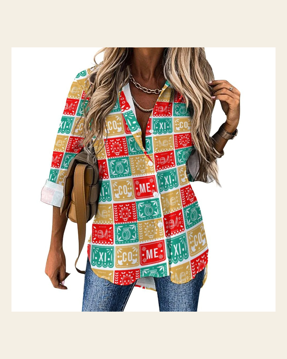 Baha Ranch Colores De Mexico Picado Mexican Button Up Blouse on a warm cream background